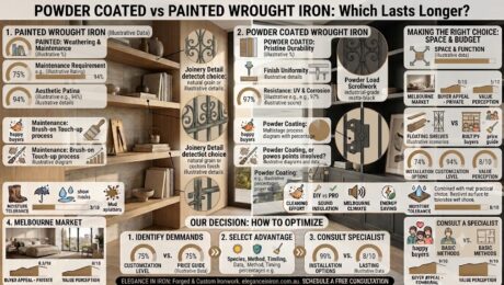 Powder Coated vs Painted Wrought Iron Infographic comparing the durability, maintenance requirements, and features of powder-coated vs painted wrought iron.